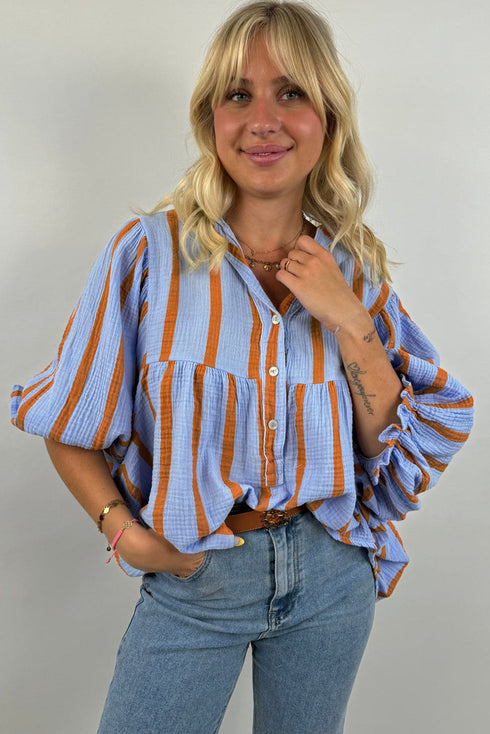 Stripe Crinckled Ruffled Sleeve Button up Loose Shirt